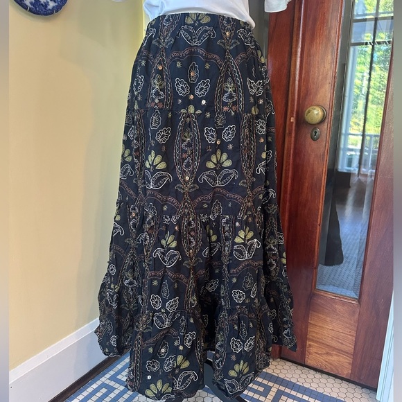 CHICO’S | Tiered Black Maxi Skirt Boho Embroidery & Sequins, Size S - Picture 3 of 10